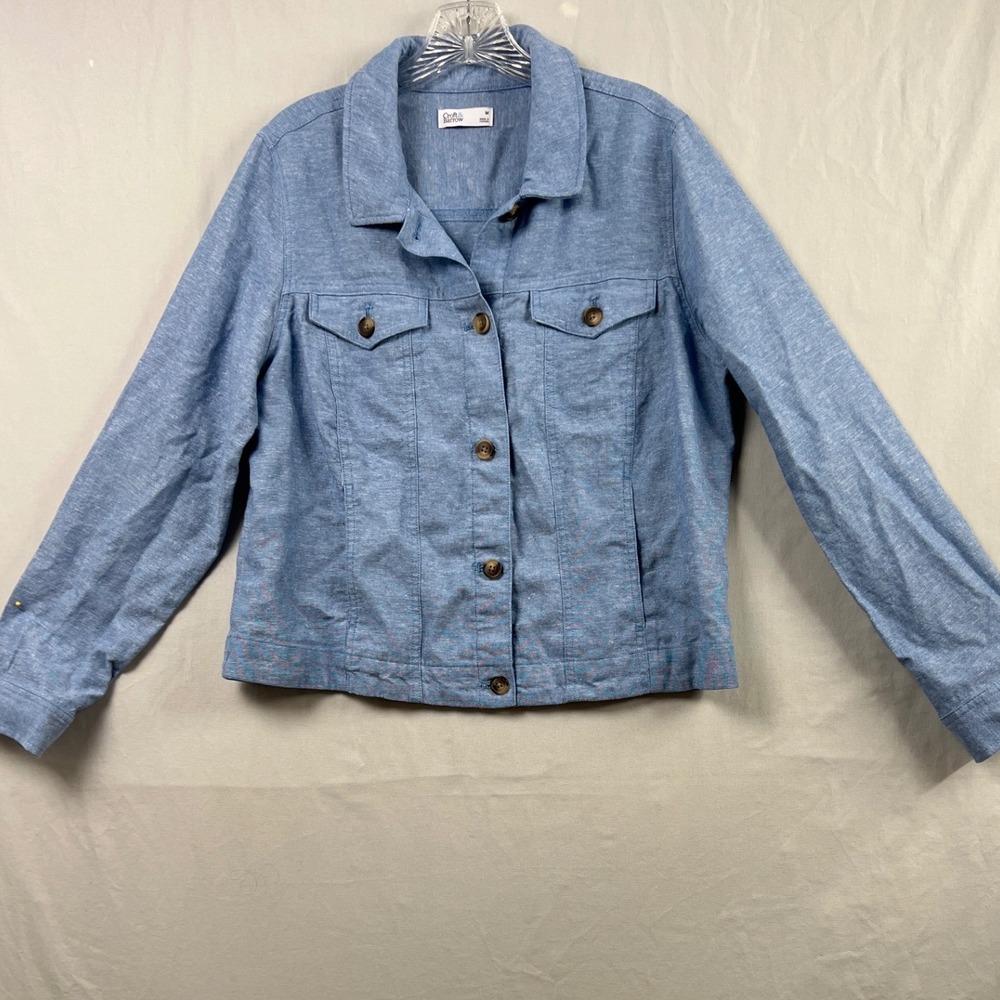 Croft & Barrow Jacket Womens Medium Blue Linen Blend Button Front Utility